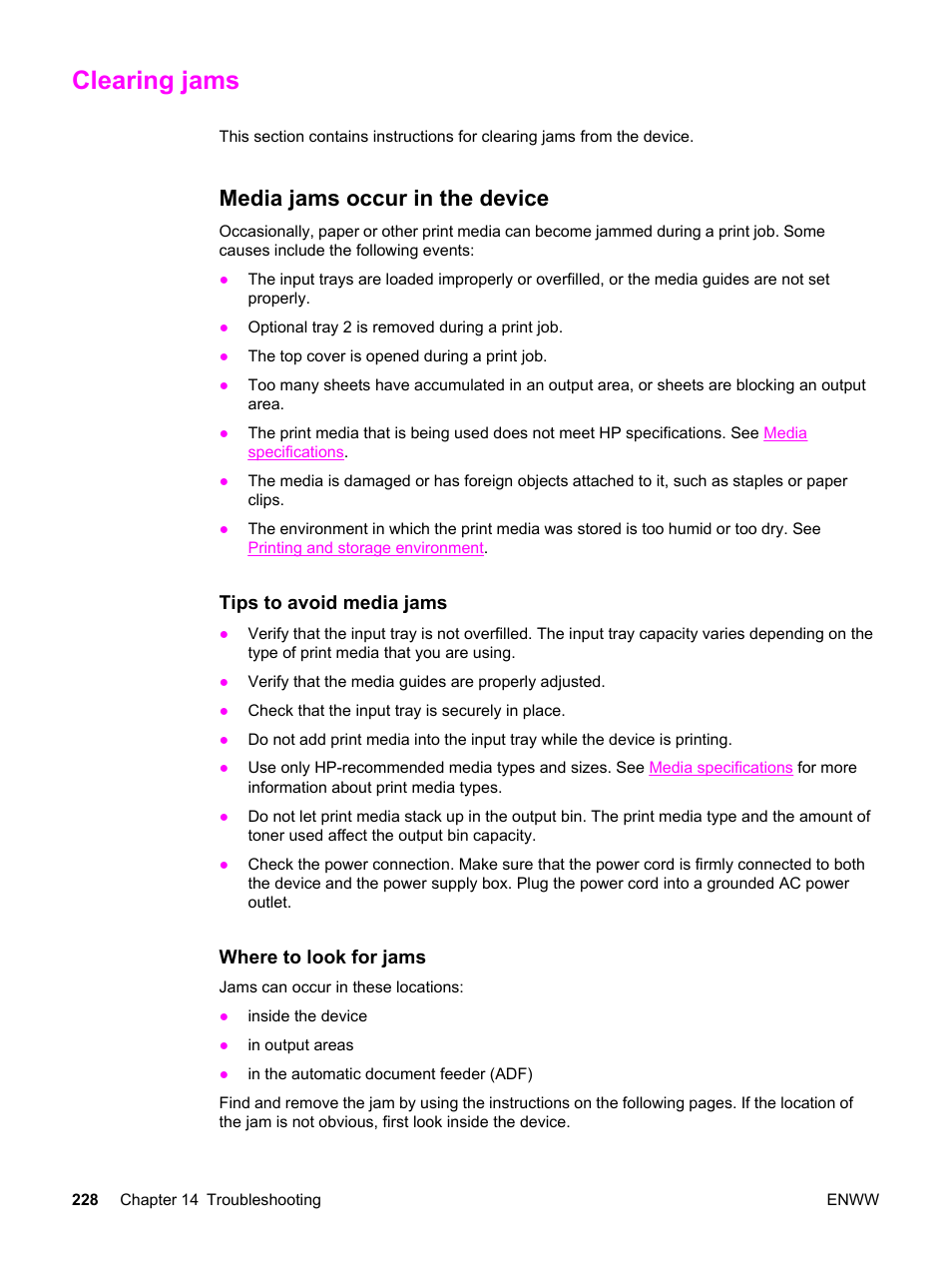 Clearing jams, Media jams occur in the device | HP 2830 User Manual | Page 244 / 334