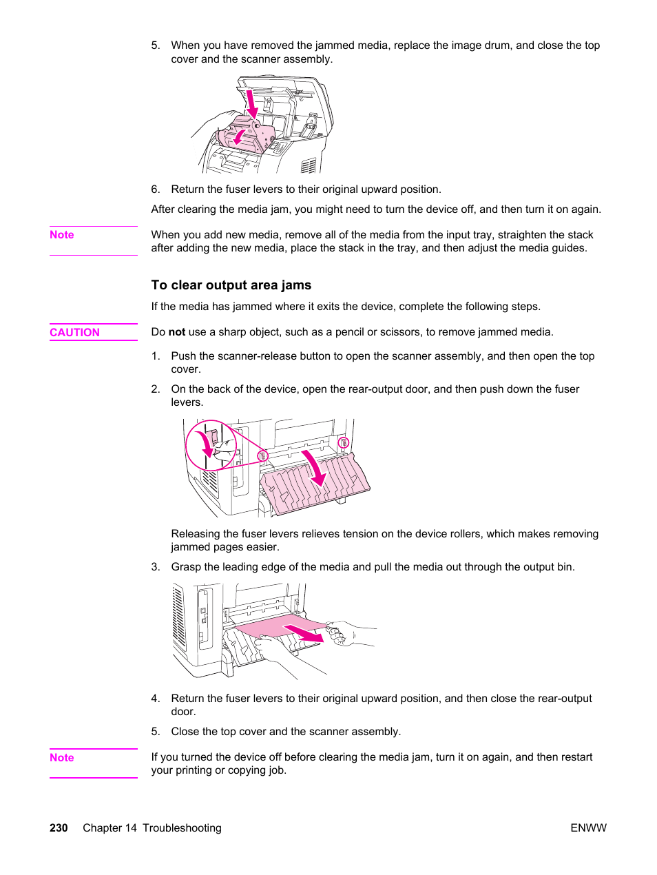 To clear, Output area jams, To clear output area jams | And then | HP 2830 User Manual | Page 246 / 334