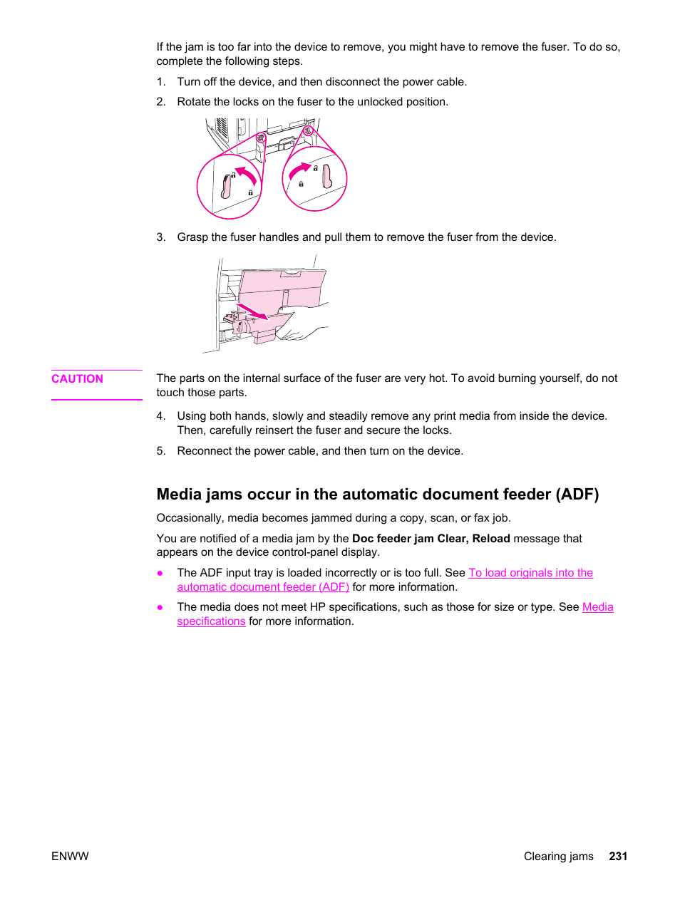 Media, Jams occur in the automatic document feeder (adf), Then | HP 2830 User Manual | Page 247 / 334