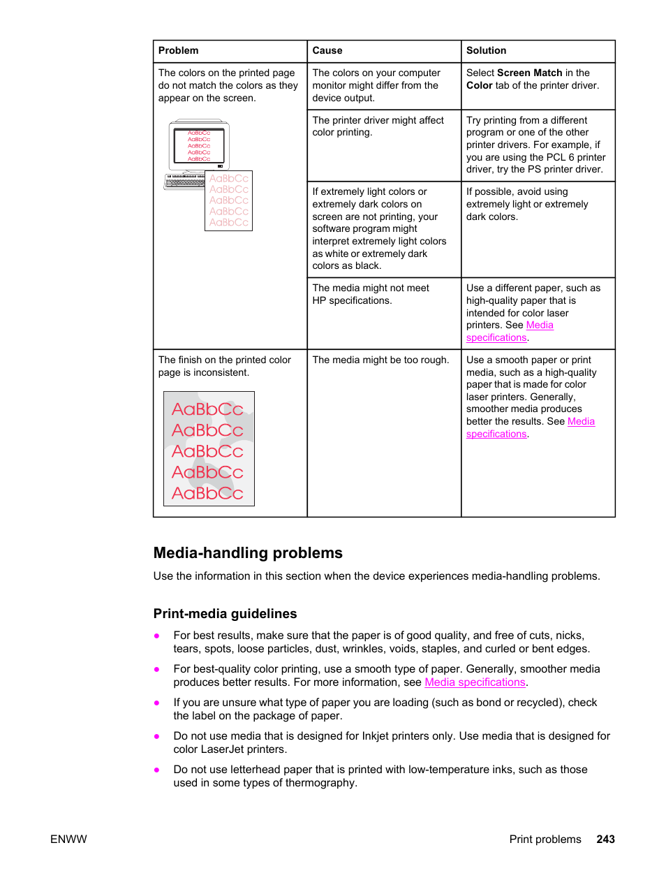 Media-handling problems, Print-media guidelines | HP 2830 User Manual | Page 259 / 334