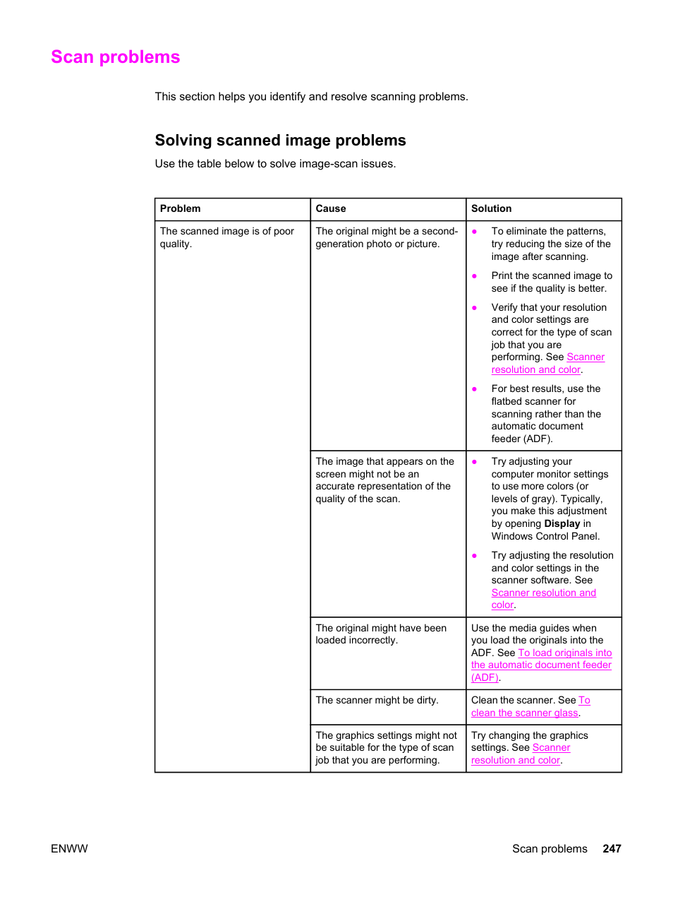 Scan problems, Solving scanned image problems | HP 2830 User Manual | Page 263 / 334