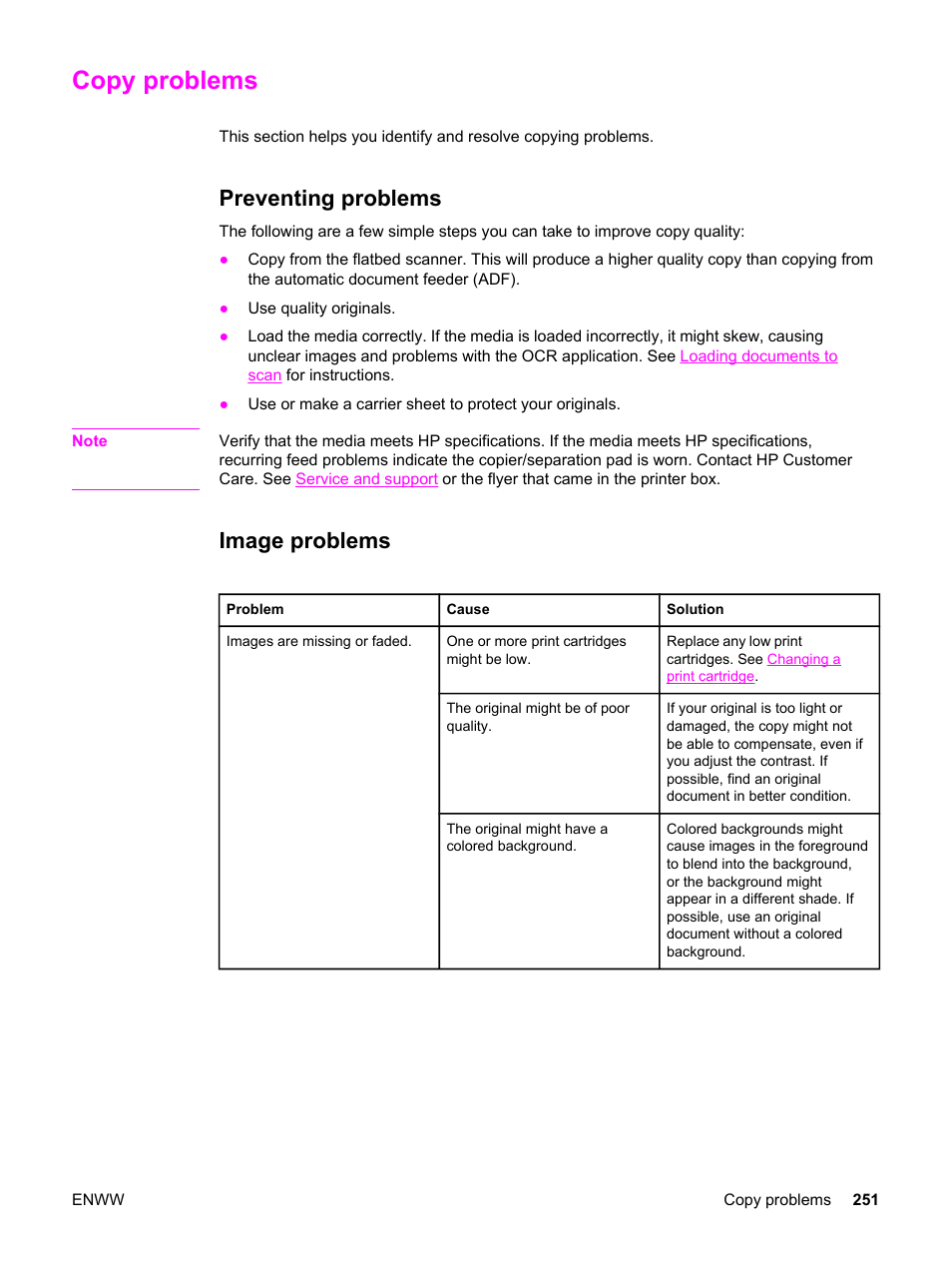 Copy problems, Preventing problems, Image problems | Preventing problems image problems, Persists, see, Copy problems, see | HP 2830 User Manual | Page 267 / 334