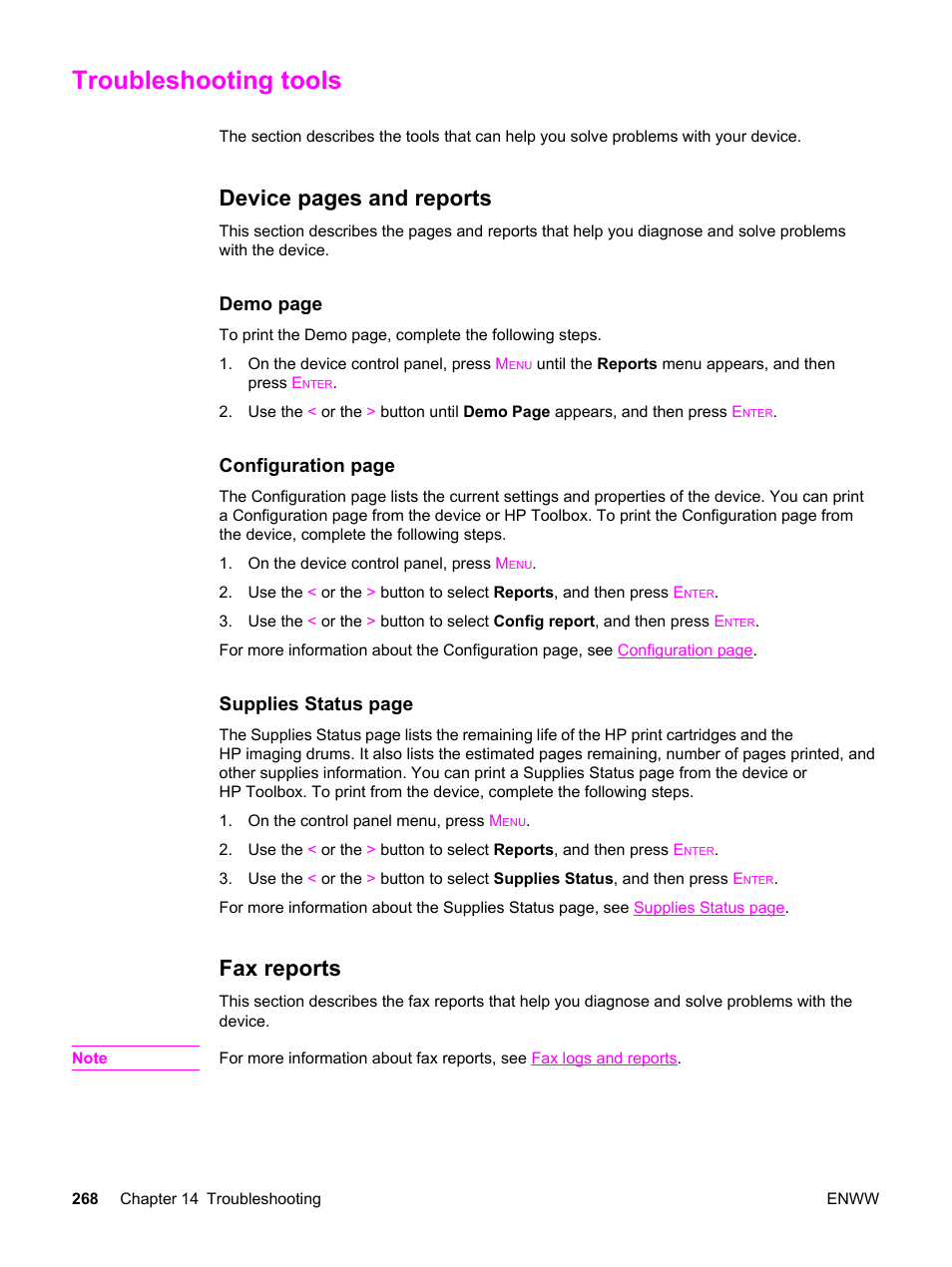 Troubleshooting tools, Fax reports, Device pages and reports | HP 2830 User Manual | Page 284 / 334