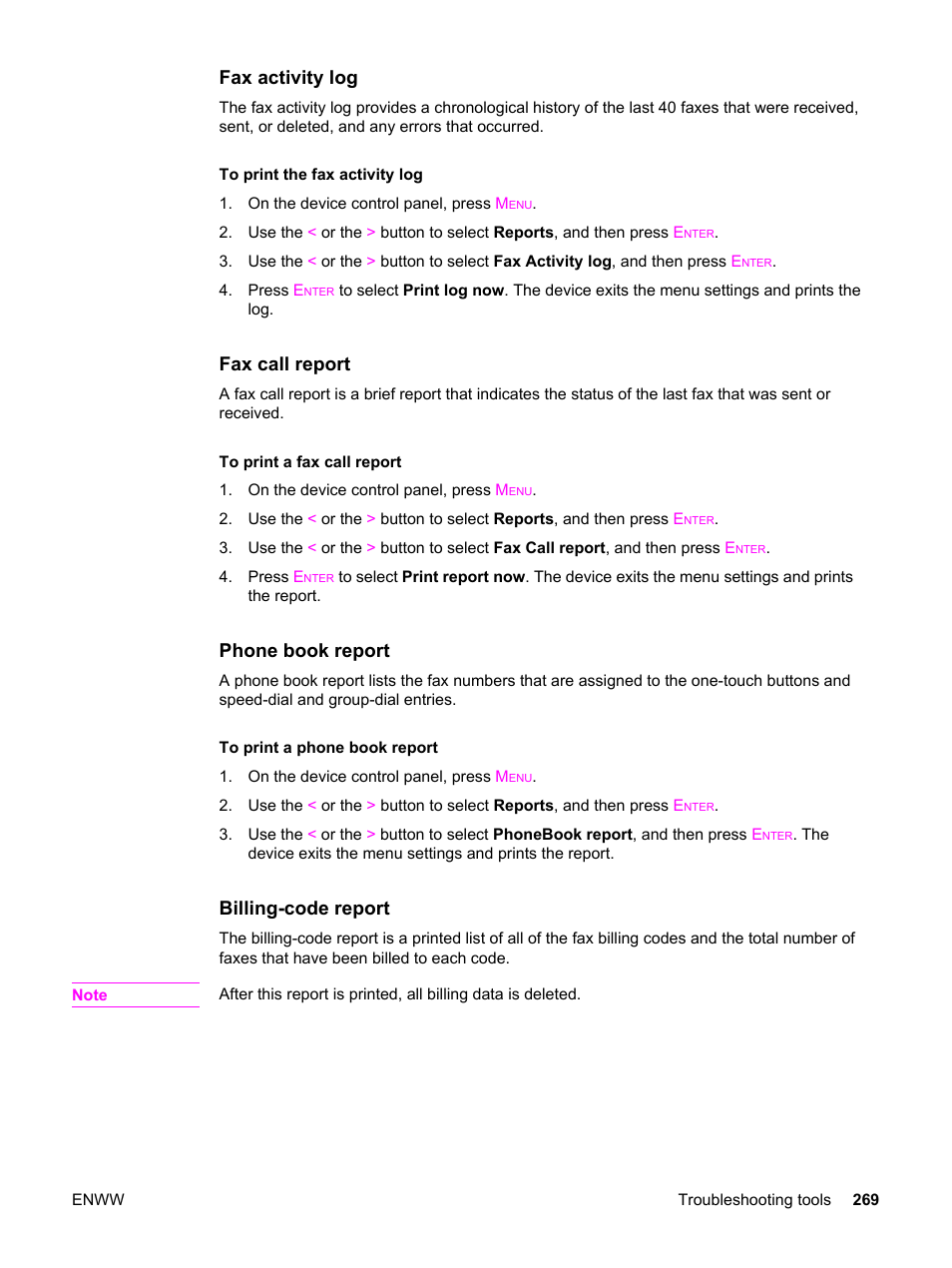 Fax activity log, Fax call report, Phone book report | Billing-code report | HP 2830 User Manual | Page 285 / 334