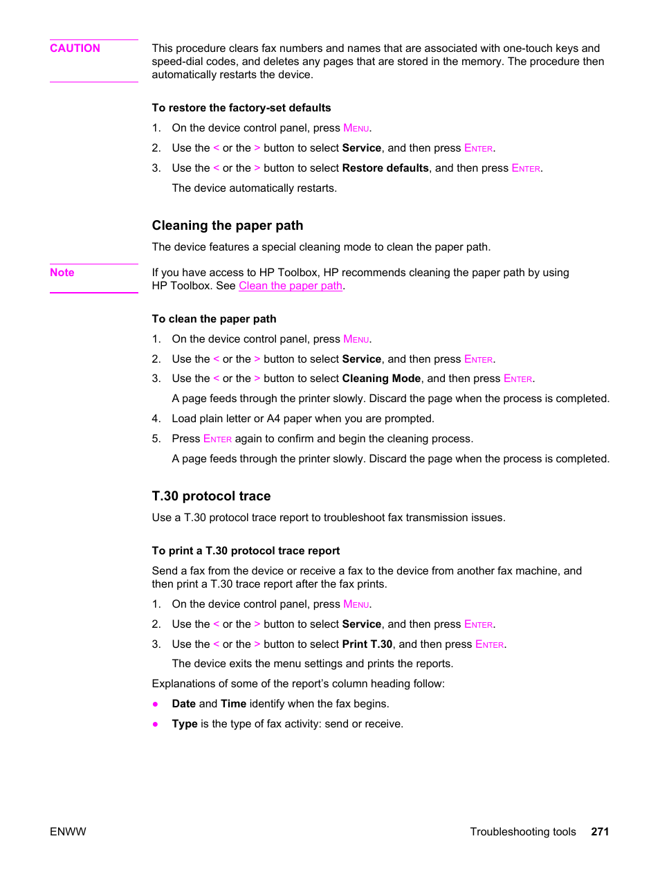 Cleaning the paper path, T.30 protocol trace | HP 2830 User Manual | Page 287 / 334