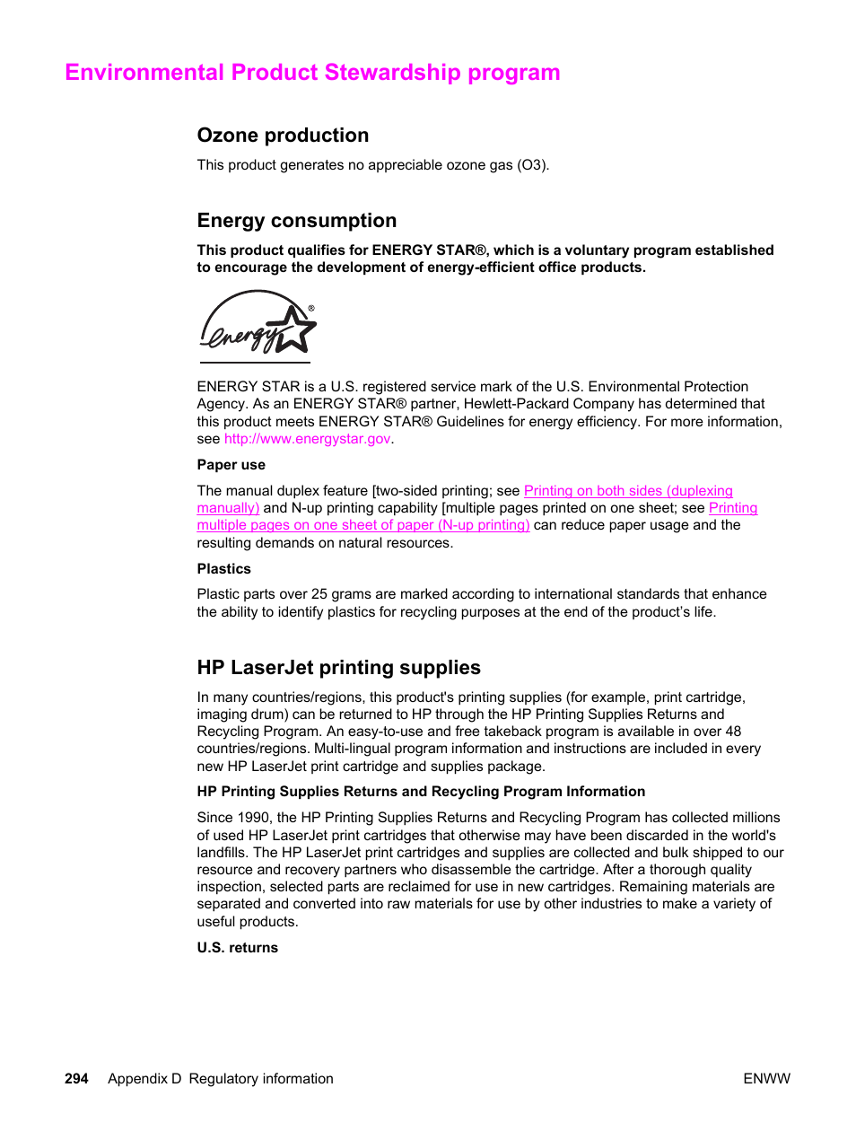 Environmental product stewardship program, Ozone production, Energy consumption | Hp laserjet printing supplies | HP 2830 User Manual | Page 310 / 334