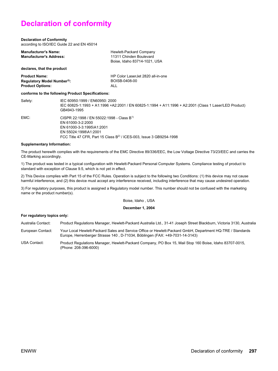 Declaration of conformity, Hp color, Enww declaration of conformity 297 | HP 2830 User Manual | Page 313 / 334