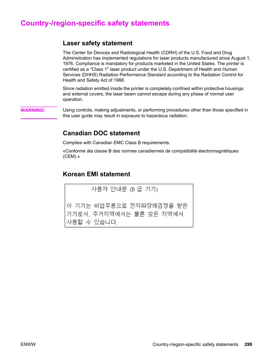 Country-/region-specific safety statements, Laser safety statement, Canadian doc statement | Korean emi statement | HP 2830 User Manual | Page 315 / 334