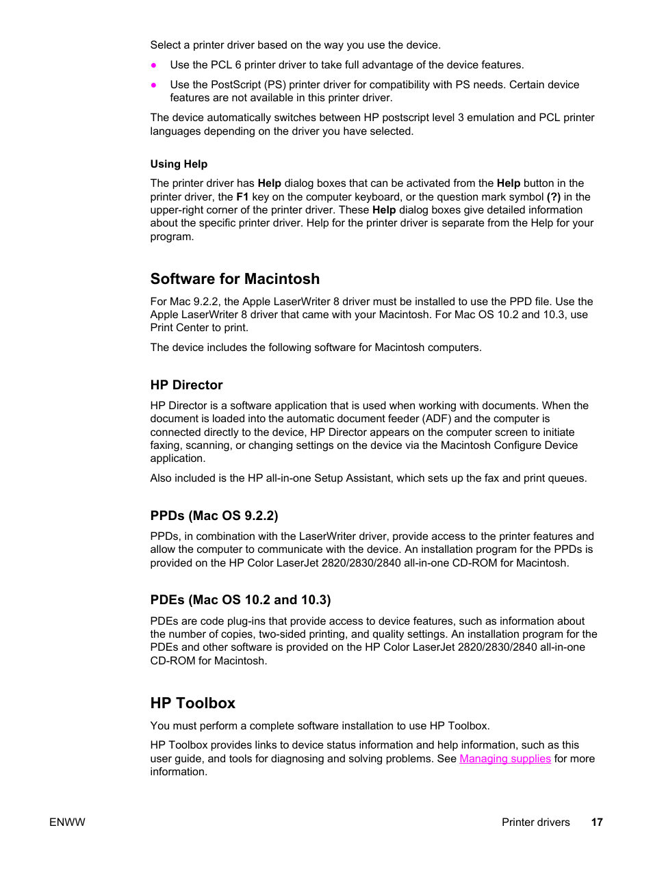 Software for macintosh, Hp toolbox, Software for macintosh hp toolbox | Using help | HP 2830 User Manual | Page 33 / 334