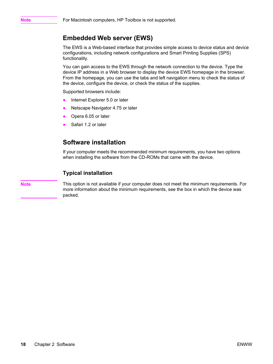 Embedded web server (ews), Software installation, Embedded web server (ews) software installation | HP 2830 User Manual | Page 34 / 334