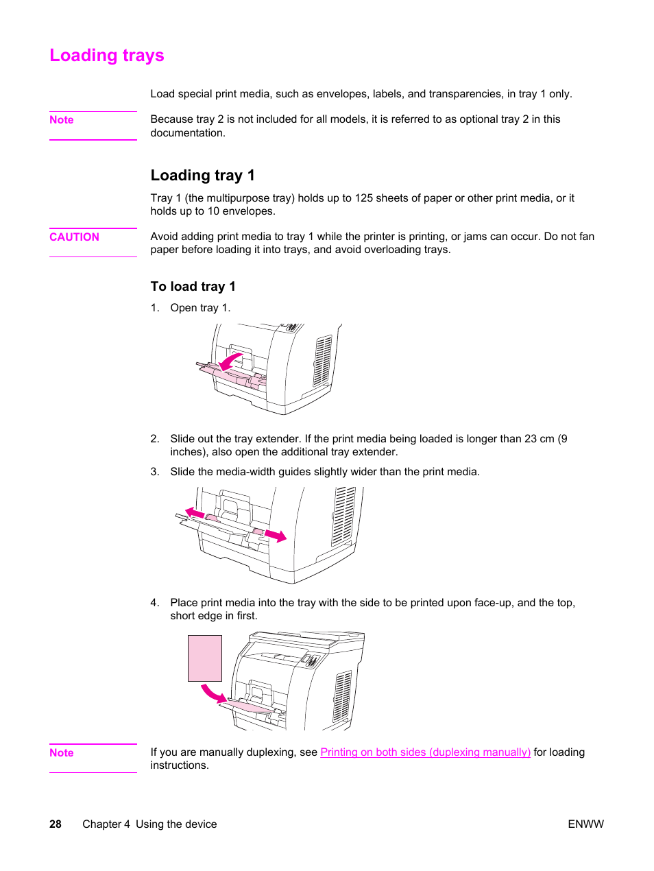 Loading trays, Loading tray 1 | HP 2830 User Manual | Page 44 / 334