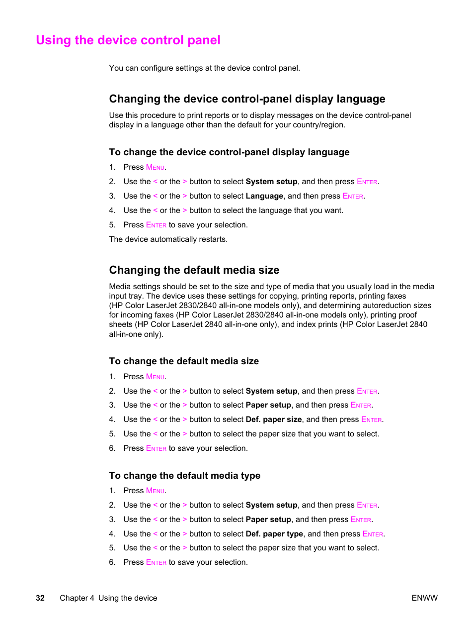 Using the device control panel, Changing the device control-panel display language, Changing the default media size | HP 2830 User Manual | Page 48 / 334