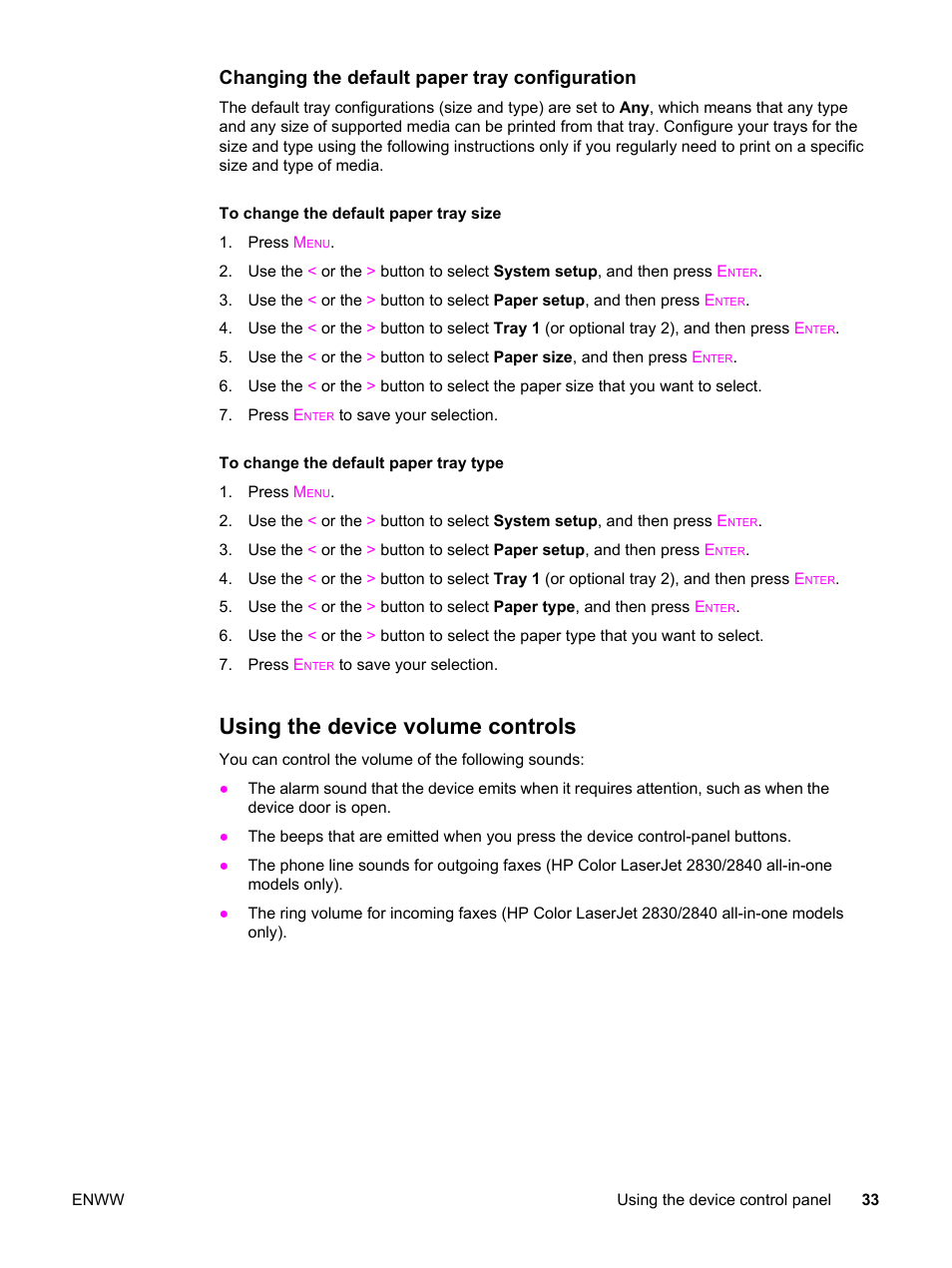 Using the device volume controls, Changing the default paper tray configuration | HP 2830 User Manual | Page 49 / 334