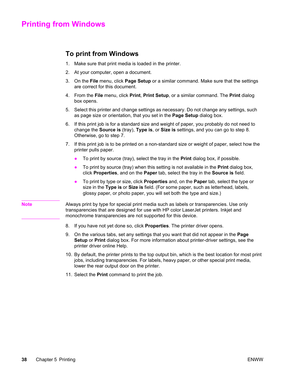 Printing from windows, To print from windows | HP 2830 User Manual | Page 54 / 334