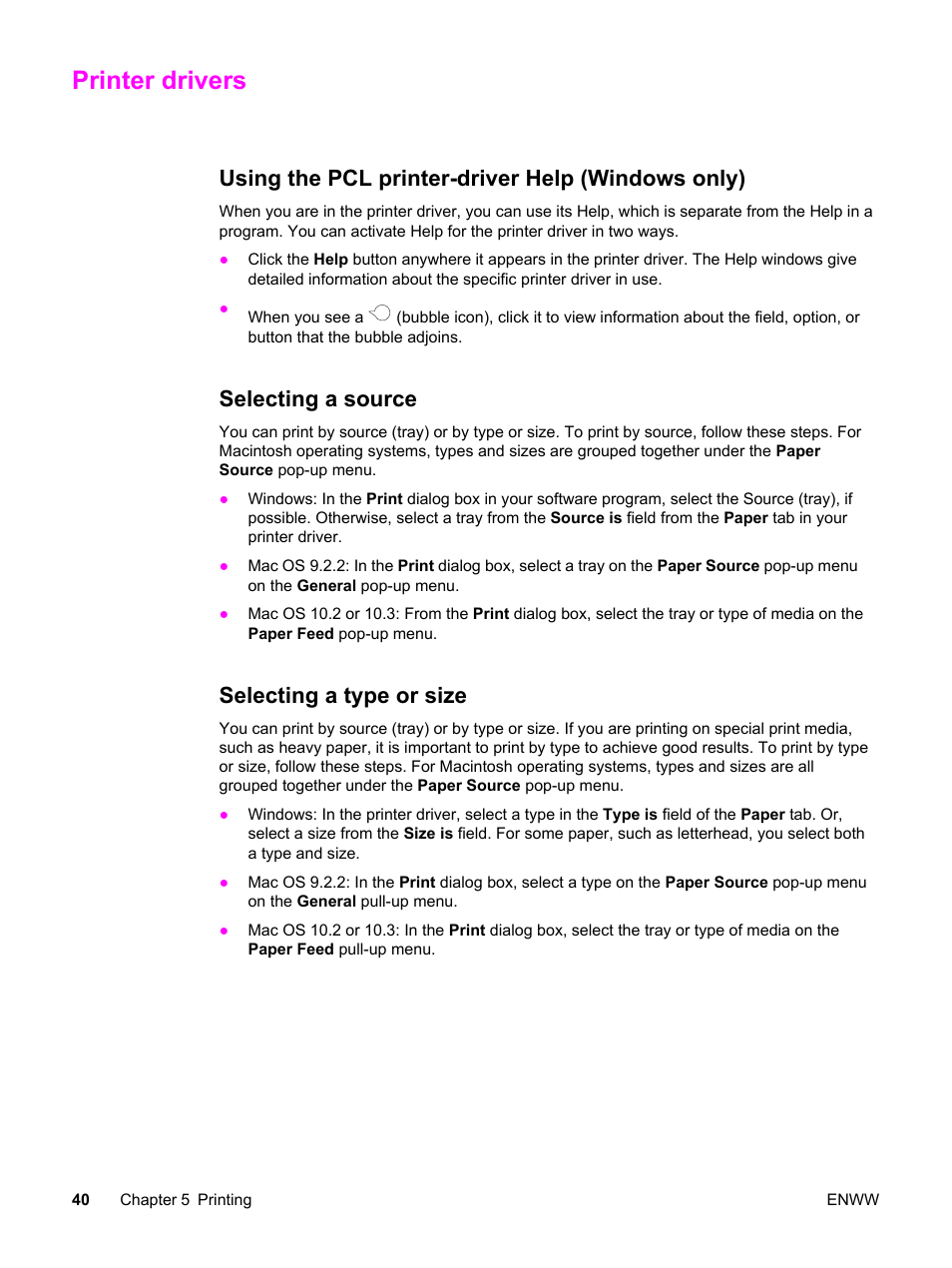 Printer drivers, Using the pcl printer-driver help (windows only), Selecting a source | Selecting a type or size | HP 2830 User Manual | Page 56 / 334