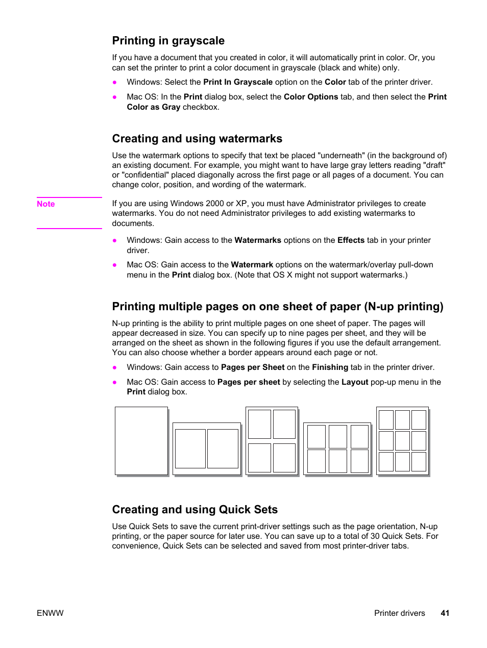 Printing in grayscale, Creating and using watermarks, Creating and using quick sets | Printing | HP 2830 User Manual | Page 57 / 334