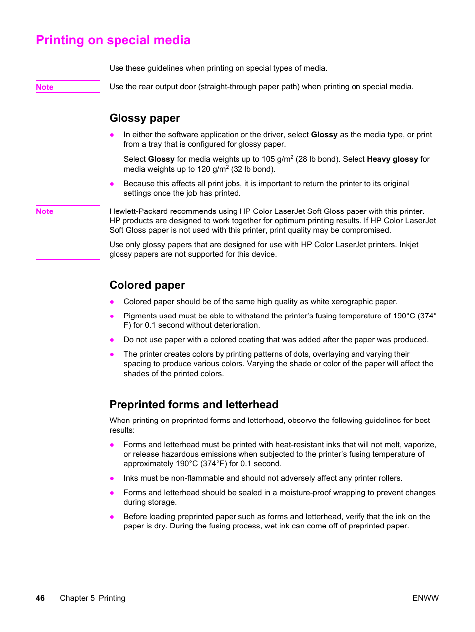 Printing on special media, Glossy paper, Colored paper | Preprinted forms and letterhead | HP 2830 User Manual | Page 62 / 334