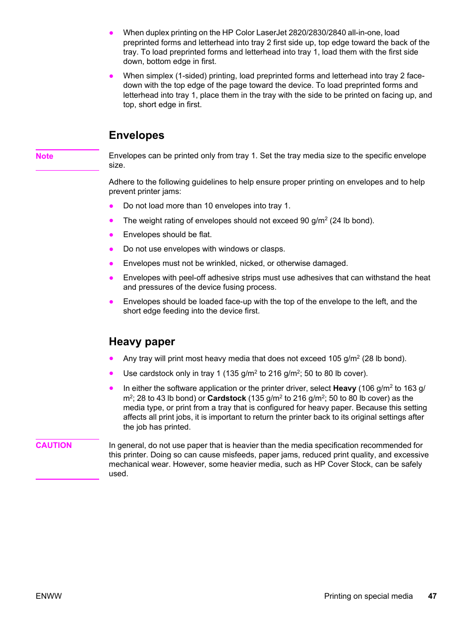 Envelopes, Heavy paper, Envelopes heavy paper | HP 2830 User Manual | Page 63 / 334