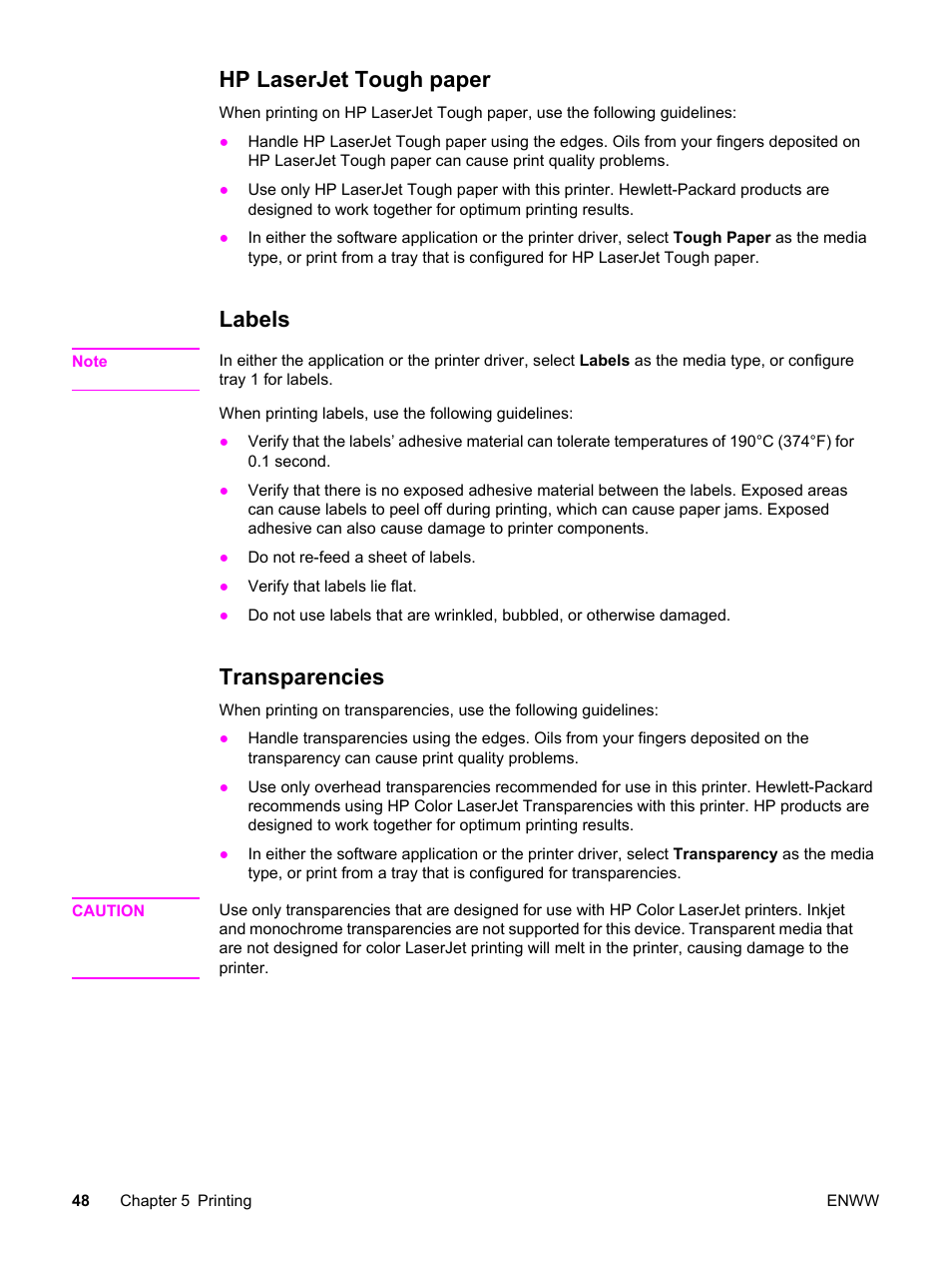 Hp laserjet tough paper, Labels, Transparencies | Hp laserjet tough paper labels transparencies | HP 2830 User Manual | Page 64 / 334