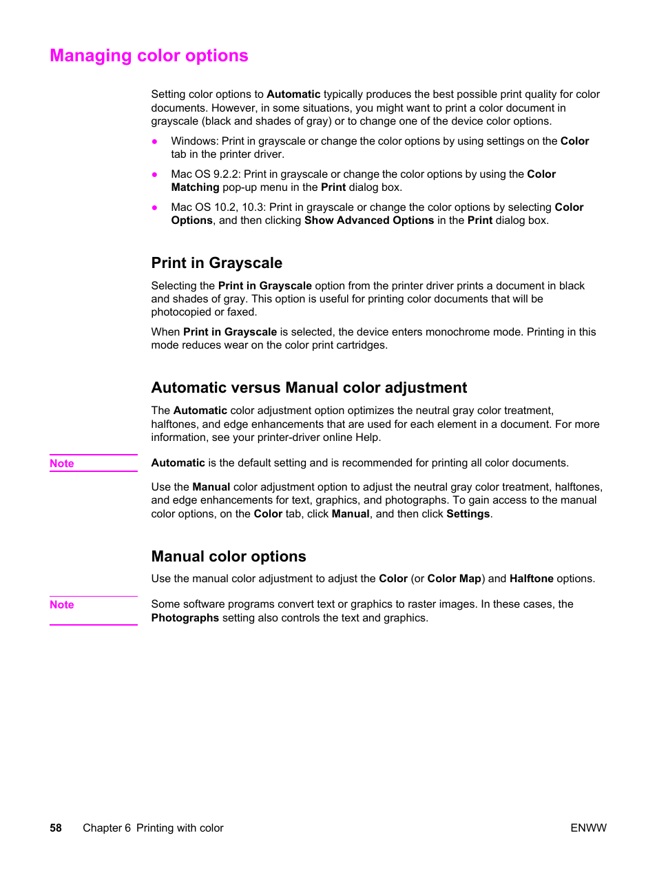 Managing color options, Print in grayscale, Automatic versus manual color adjustment | Manual color options | HP 2830 User Manual | Page 74 / 334