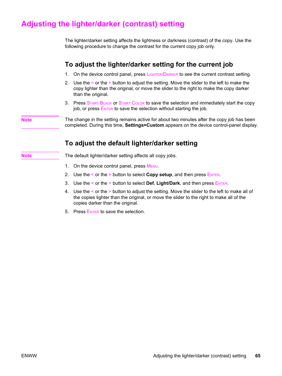 Adjusting the lighter/darker (contrast) setting, To adjust the default lighter/darker setting | HP 2830 User Manual | Page 81 / 334