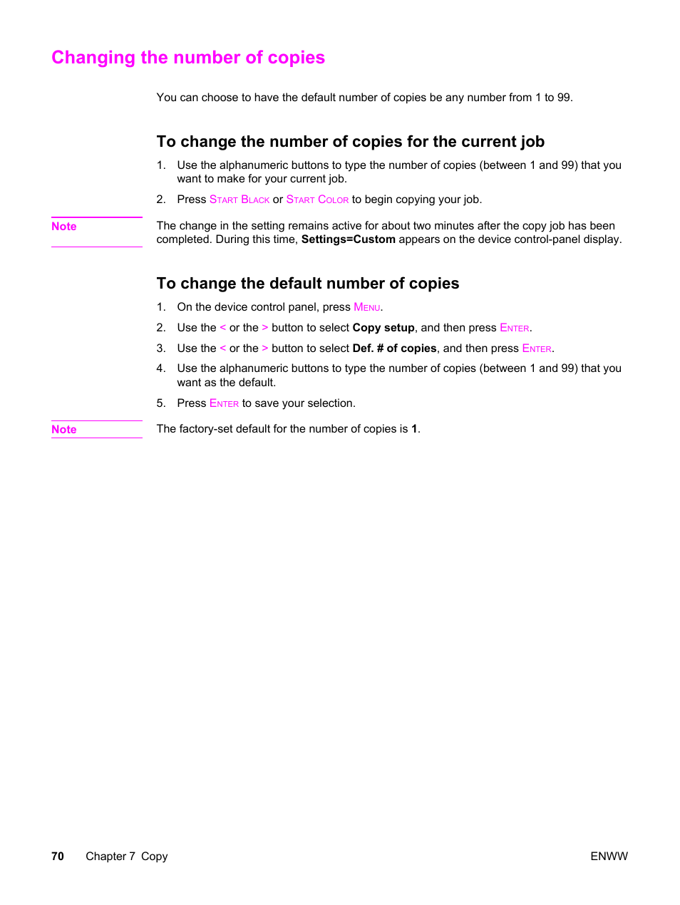 Changing the number of copies, To change the number of copies for the current job, To change the default number of copies | HP 2830 User Manual | Page 86 / 334