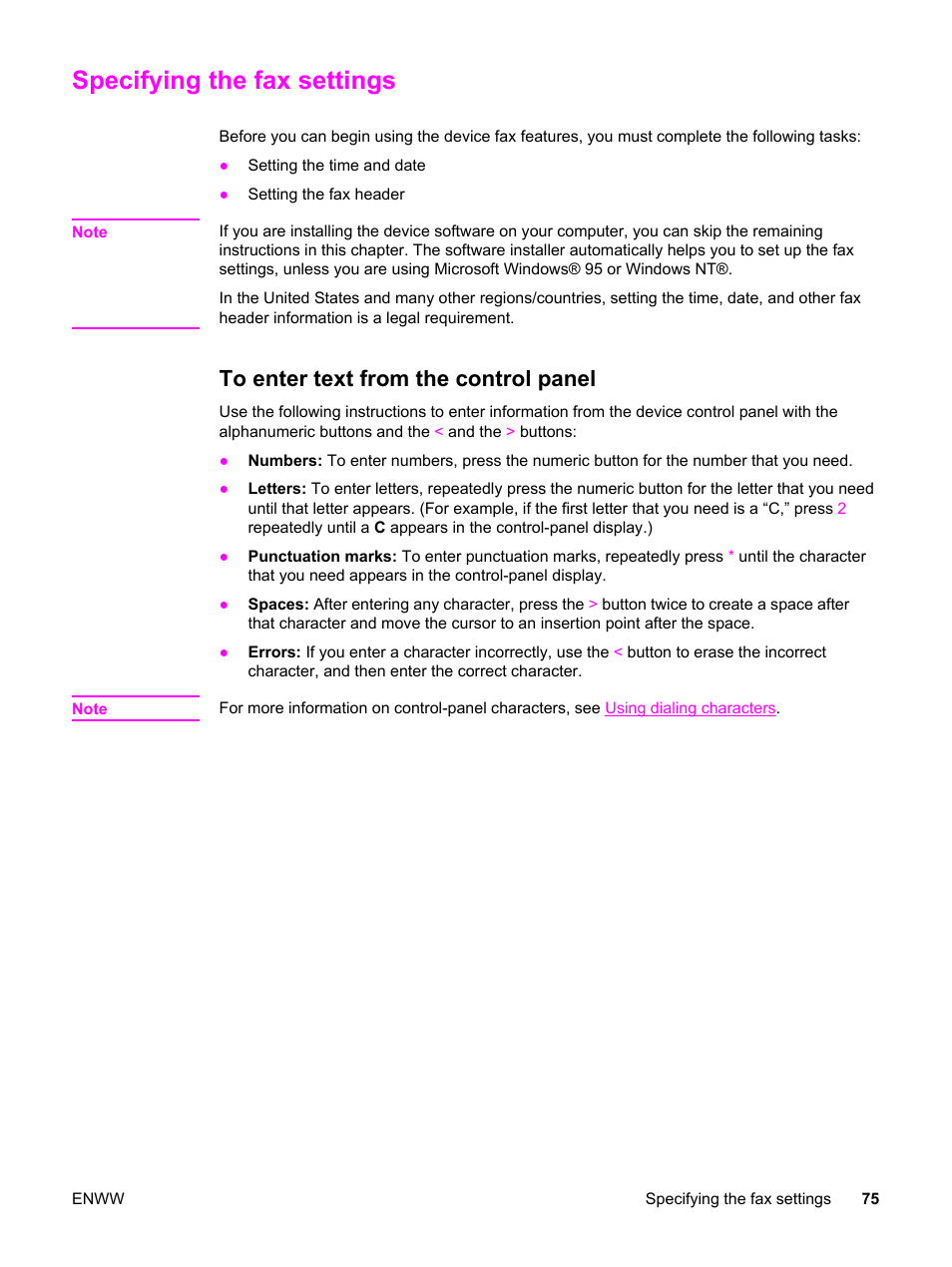 Specifying the fax settings, To enter text from the control panel | HP 2830 User Manual | Page 91 / 334