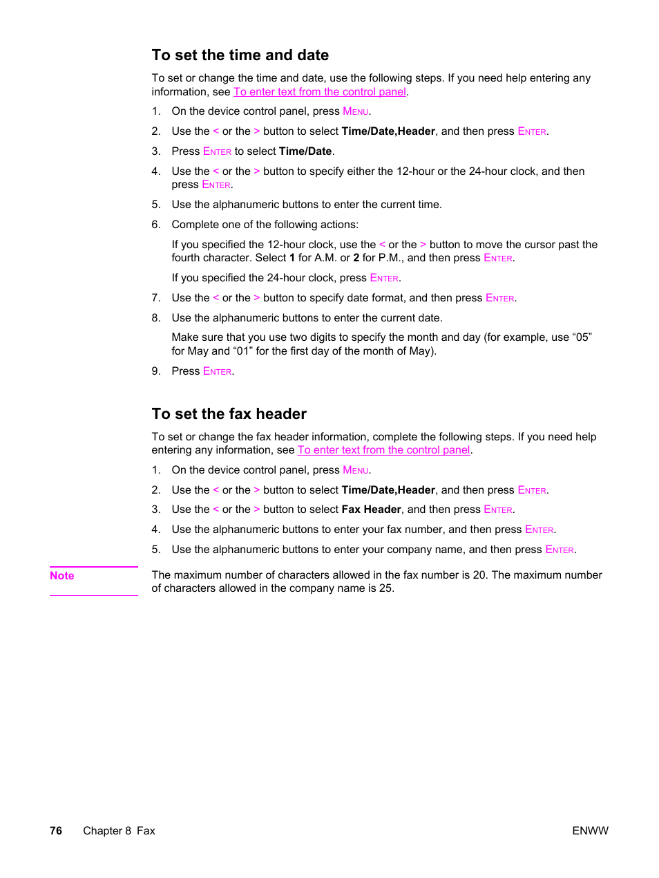 To set the time and date, To set the fax header, To set the time and date to set the fax header | HP 2830 User Manual | Page 92 / 334