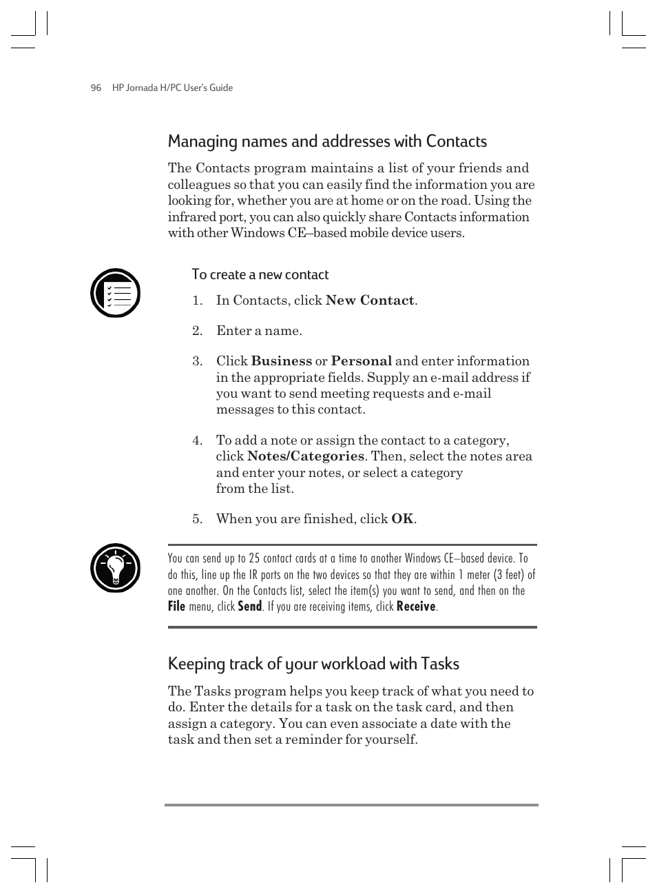 Managing names and addresses with contacts, Keeping track of your workload with tasks | HP Jornada 820 User Manual | Page 100 / 178