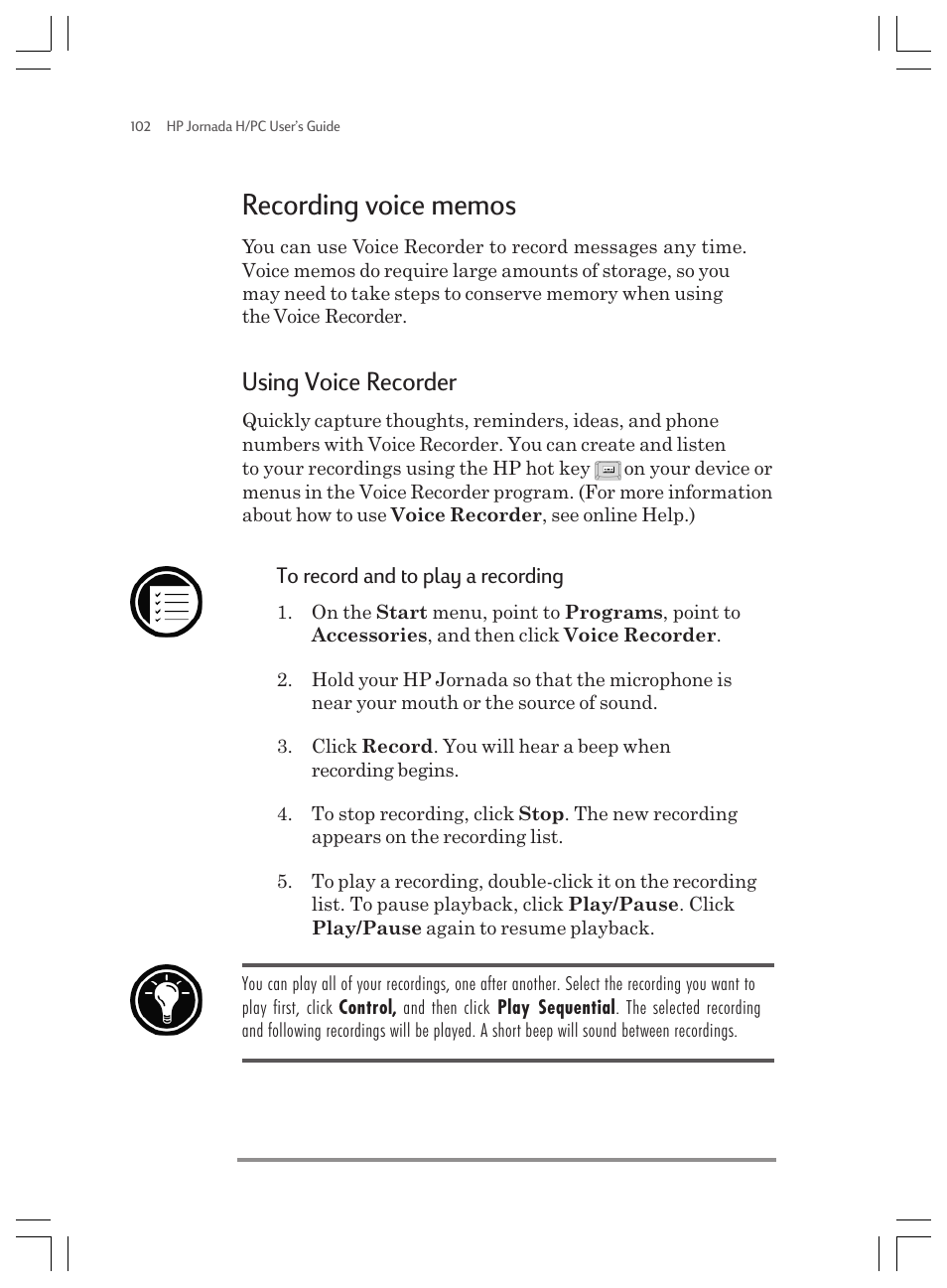 Using voice recorder | HP Jornada 820 User Manual | Page 106 / 178