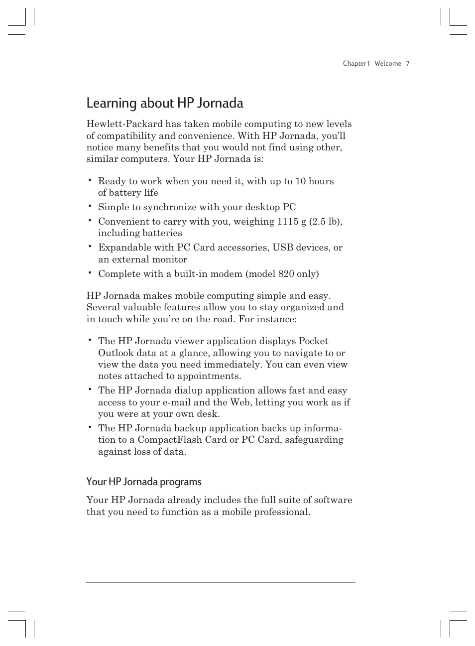 Learning about hp jornada, Your hp jornada programs | HP Jornada 820 User Manual | Page 11 / 178