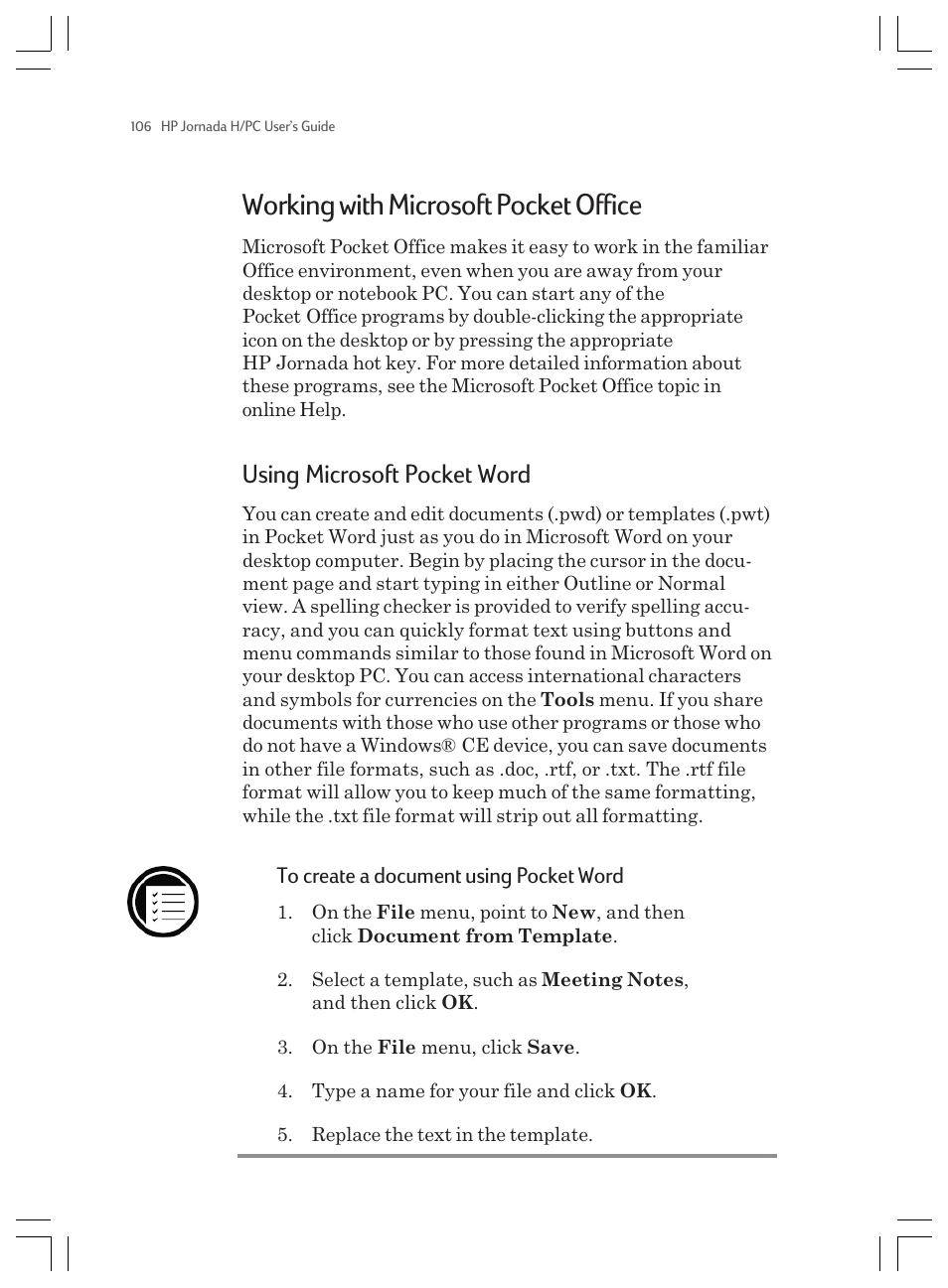 Working with microsoft pocket office, Using microsoft pocket word | HP Jornada 820 User Manual | Page 110 / 178