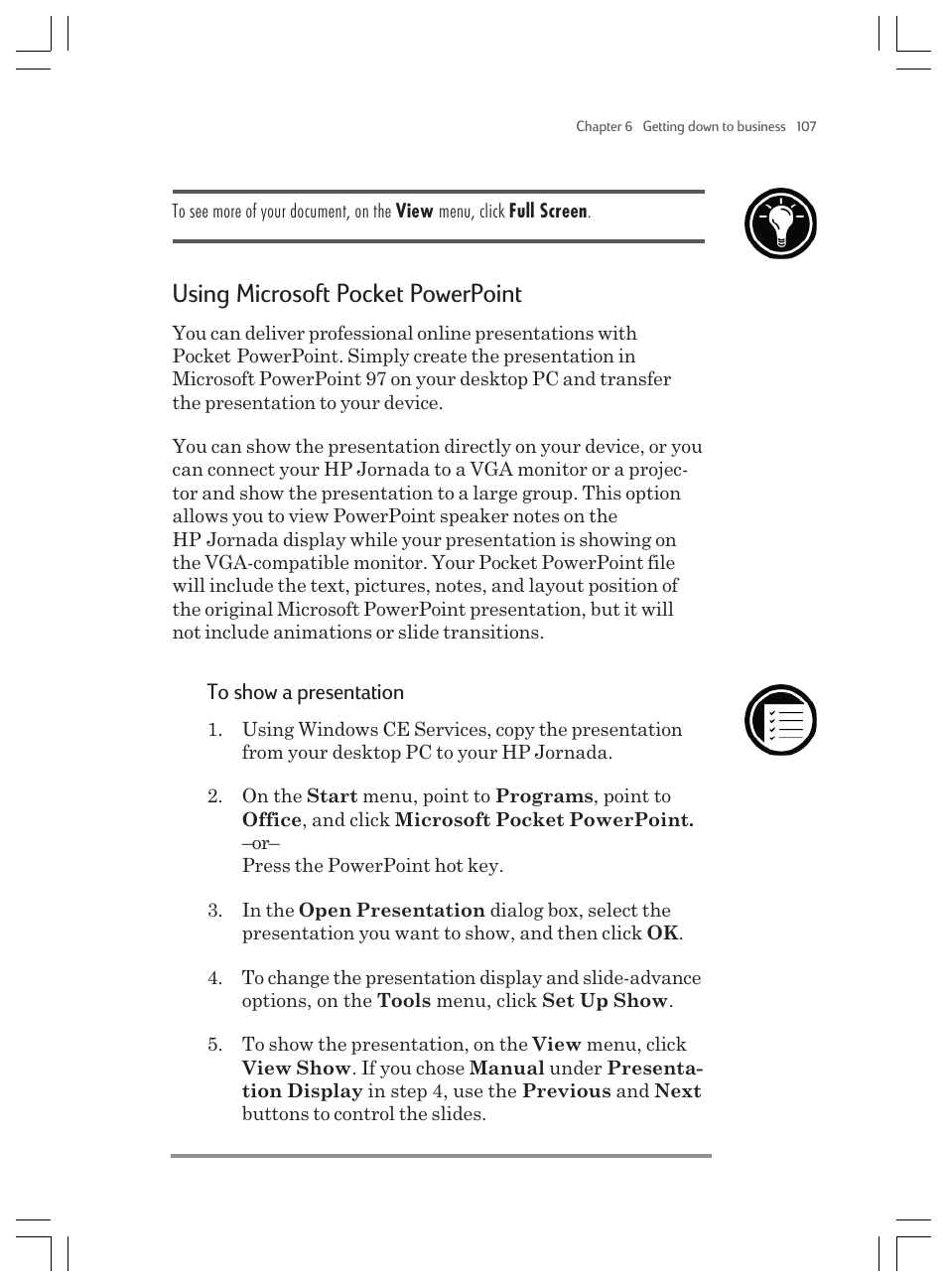 Using microsoft pocket powerpoint | HP Jornada 820 User Manual | Page 111 / 178