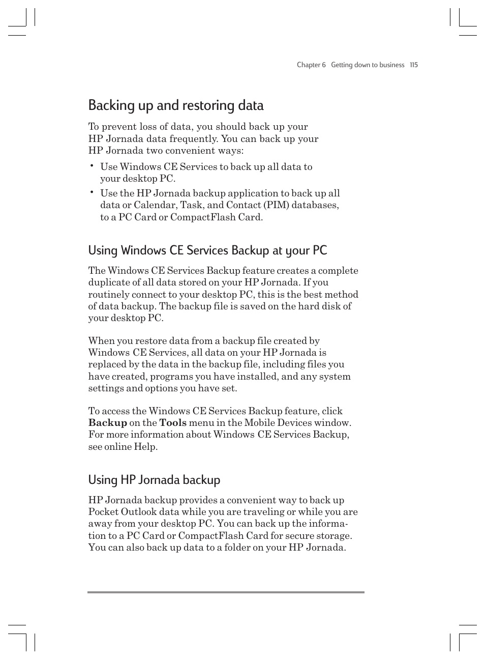 Backing up and restoring data, Using windows ce services backup at your pc, Using hp jornada backup | HP Jornada 820 User Manual | Page 119 / 178