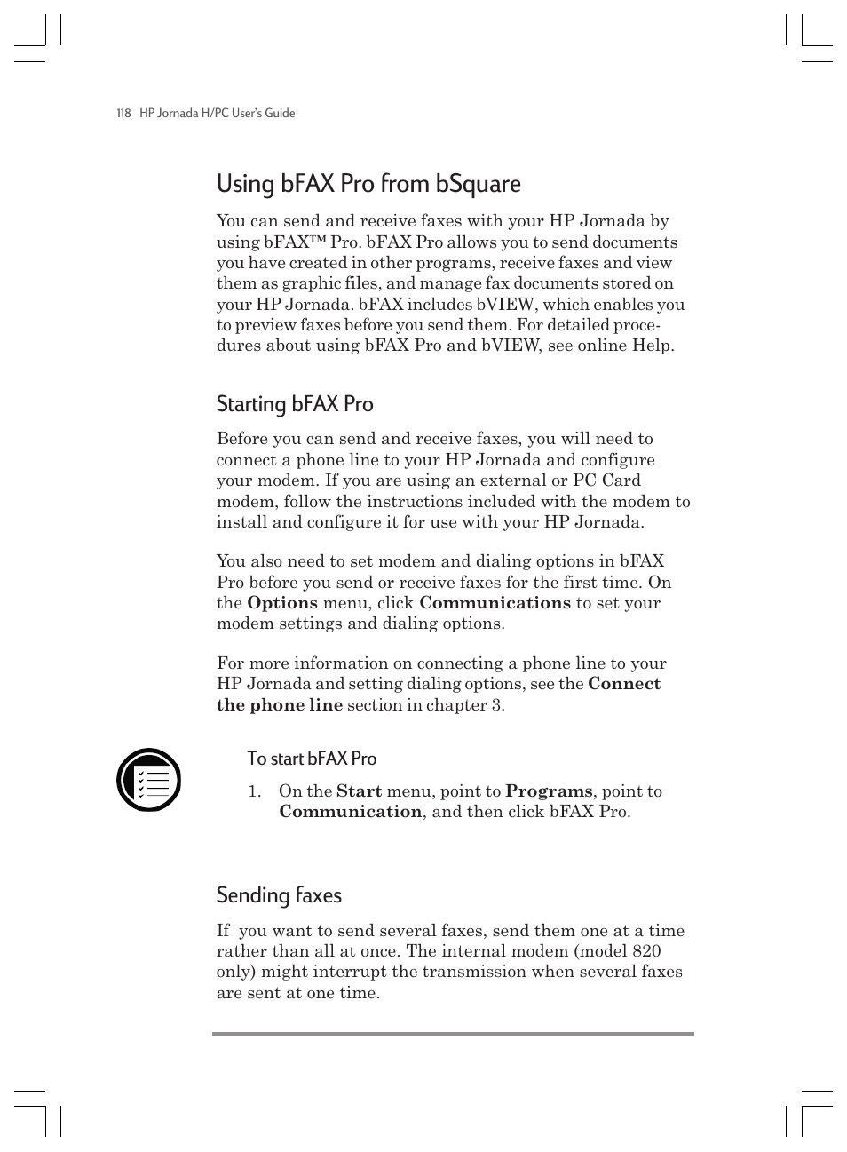 Using bfax pro from bsquare, Starting bfax pro, Sending faxes | HP Jornada 820 User Manual | Page 122 / 178