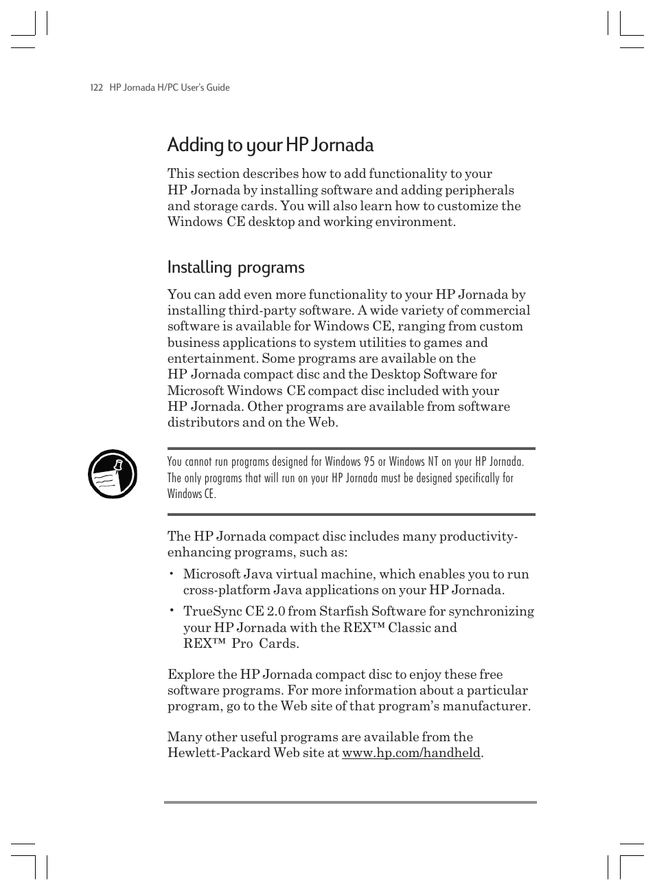 Adding to your hp jornada, Installing programs | HP Jornada 820 User Manual | Page 126 / 178