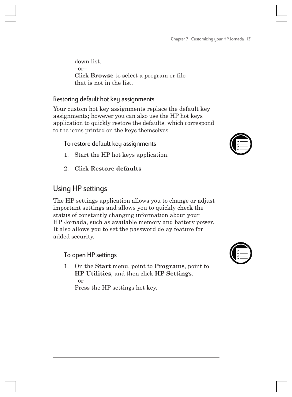 Using hp settings, Restoring default hot key assignments | HP Jornada 820 User Manual | Page 135 / 178