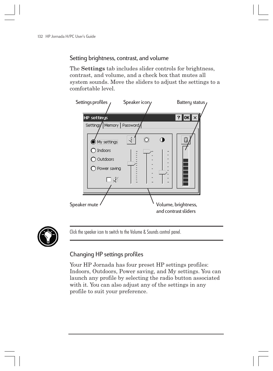Setting brightness, contrast, and volume, Changing hp settings profiles | HP Jornada 820 User Manual | Page 136 / 178