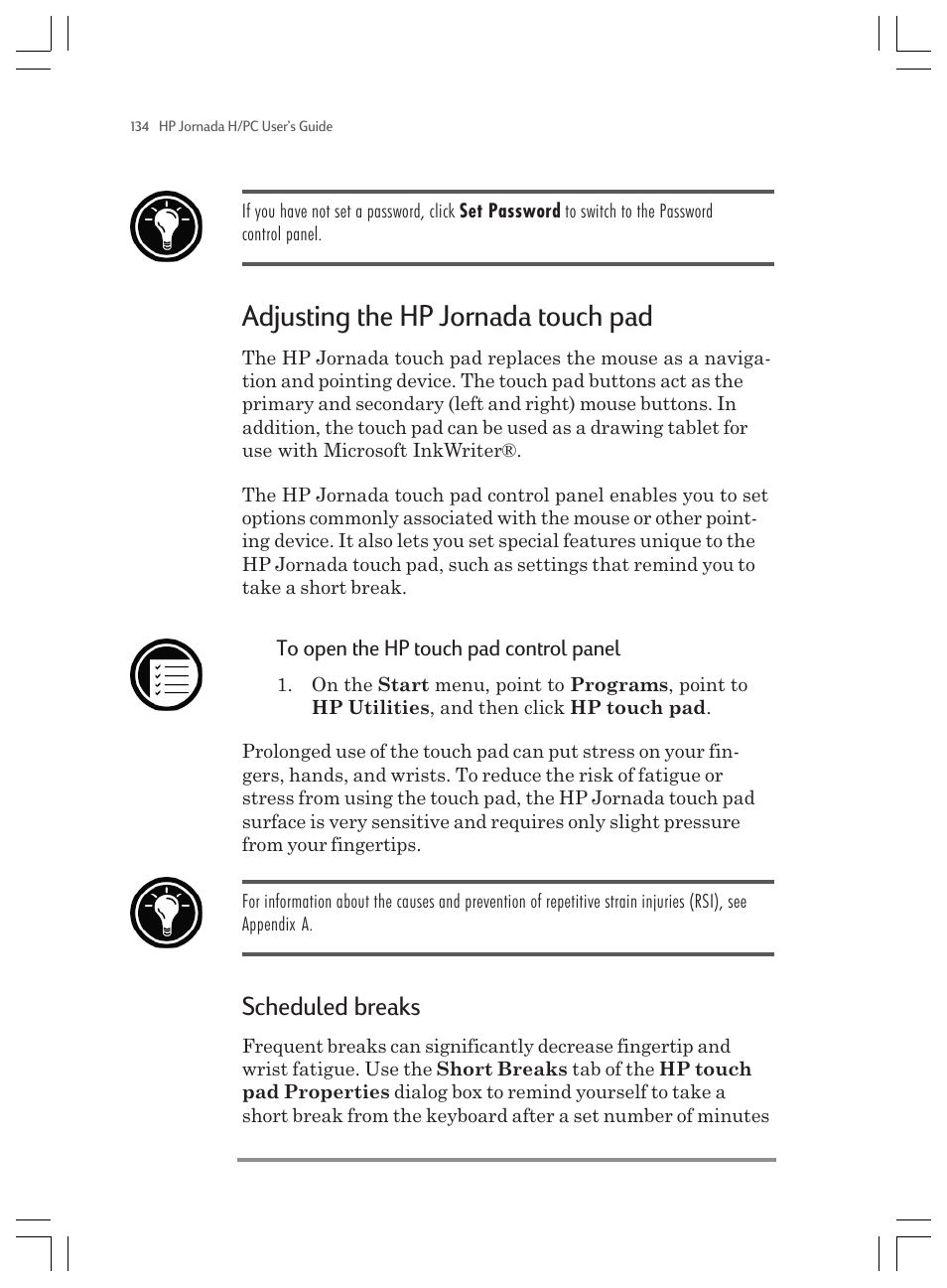 Adjusting the hp jornada touch pad, Scheduled breaks | HP Jornada 820 User Manual | Page 138 / 178