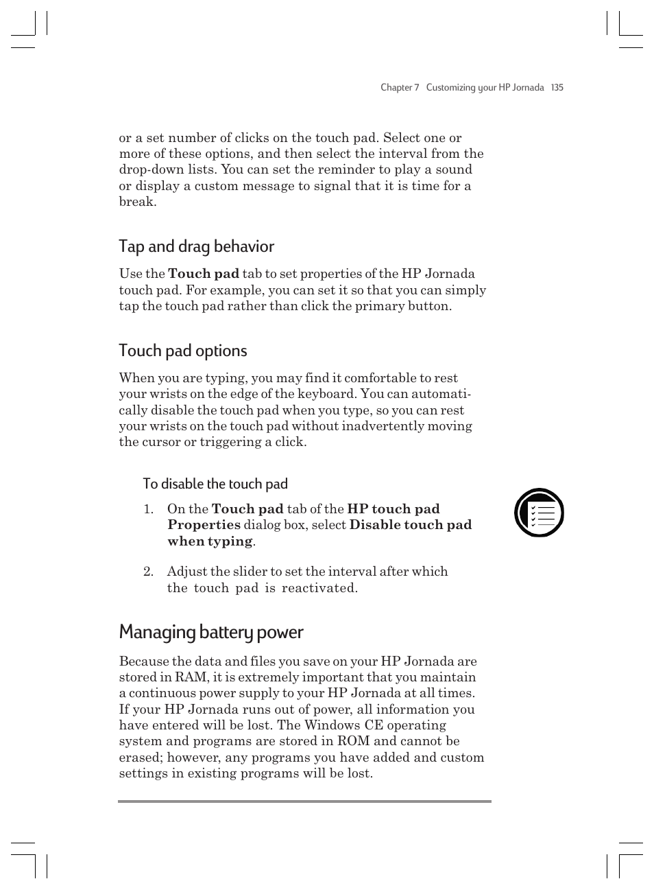 Managing battery power, Tap and drag behavior, Touch pad options | HP Jornada 820 User Manual | Page 139 / 178