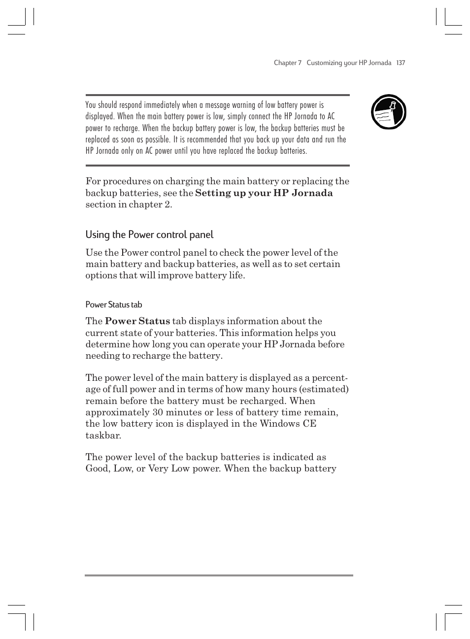 Using the power control panel | HP Jornada 820 User Manual | Page 141 / 178