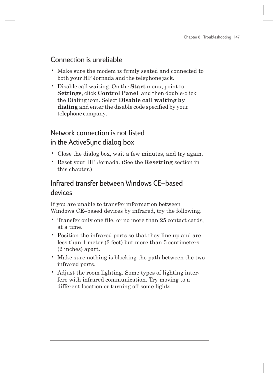 Connection is unreliable, Infrared transfer between windows ce–based devices | HP Jornada 820 User Manual | Page 151 / 178