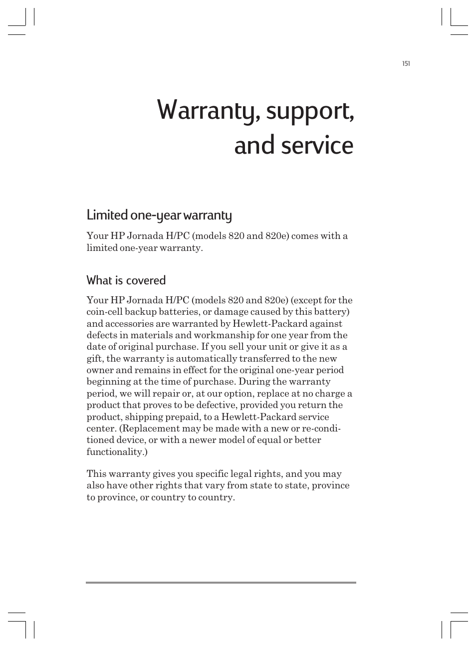 Warranty, support, and service, Limited one-year warranty | HP Jornada 820 User Manual | Page 155 / 178