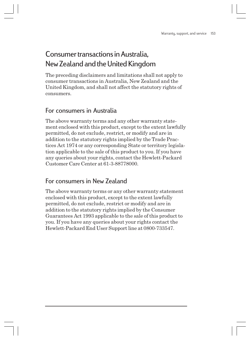 For consumers in australia, For consumers in new zealand | HP Jornada 820 User Manual | Page 157 / 178