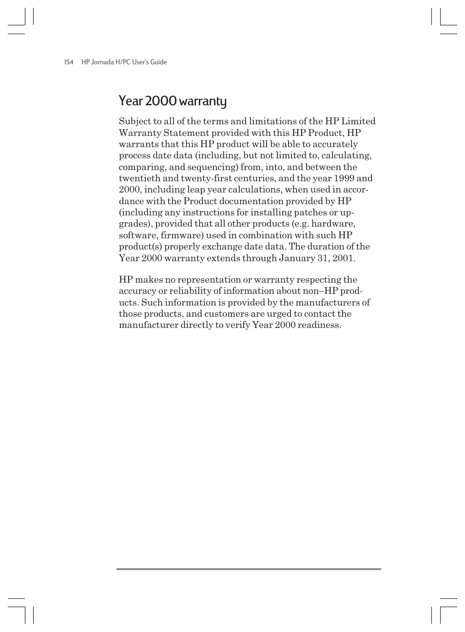 Year 2000 warranty | HP Jornada 820 User Manual | Page 158 / 178