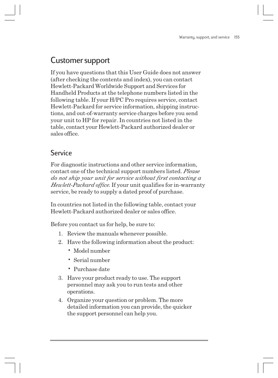 Customer support, Service | HP Jornada 820 User Manual | Page 159 / 178