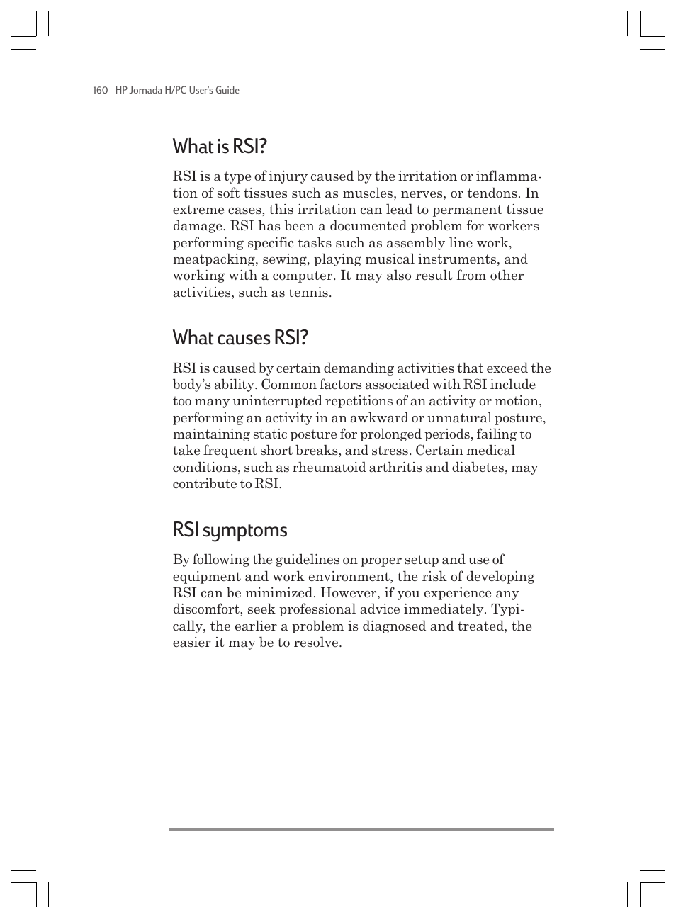 What is rsi, What causes rsi, Rsi symptoms | HP Jornada 820 User Manual | Page 164 / 178