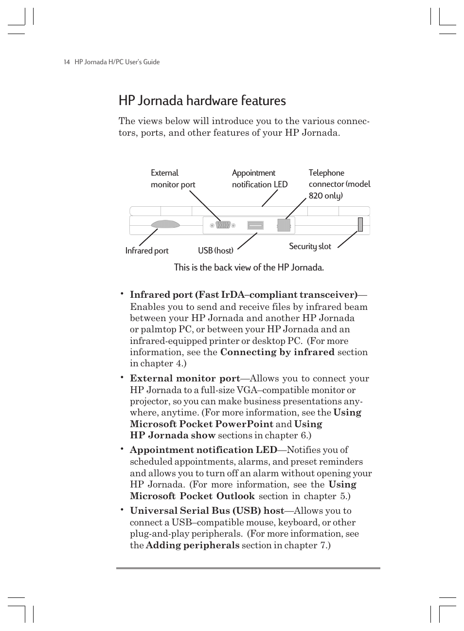 Hp jornada hardware features | HP Jornada 820 User Manual | Page 18 / 178