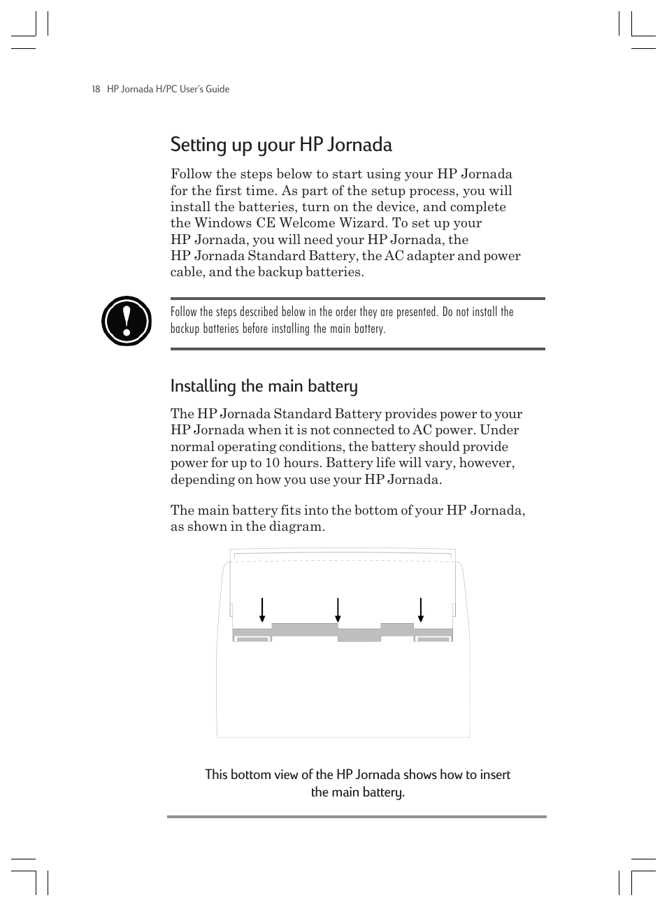Setting up your hp jornada, Installing the main battery | HP Jornada 820 User Manual | Page 22 / 178