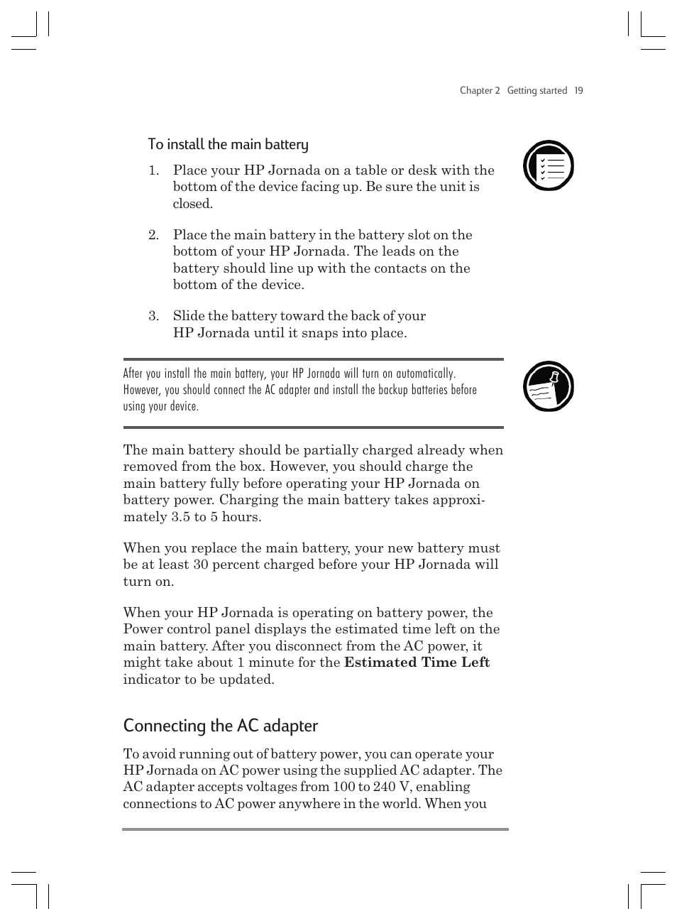Connecting the ac adapter | HP Jornada 820 User Manual | Page 23 / 178